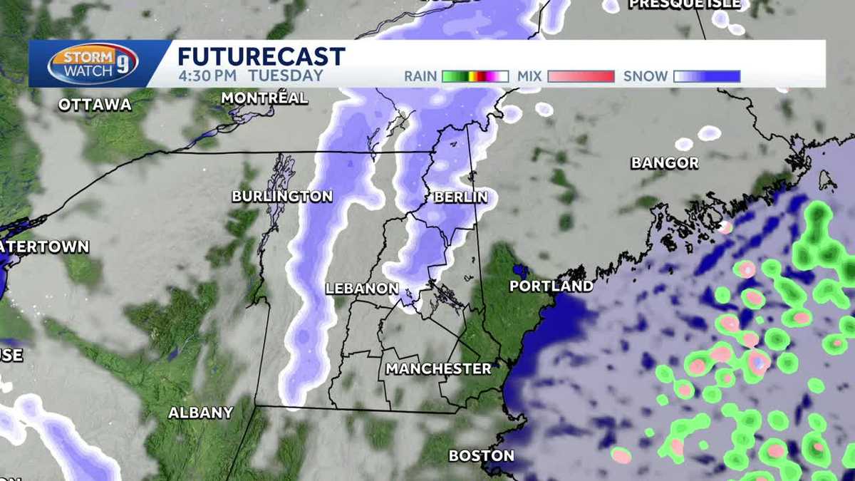 Wind chills in the 20s Tuesday in New Hampshire with snow showers possible for some areas