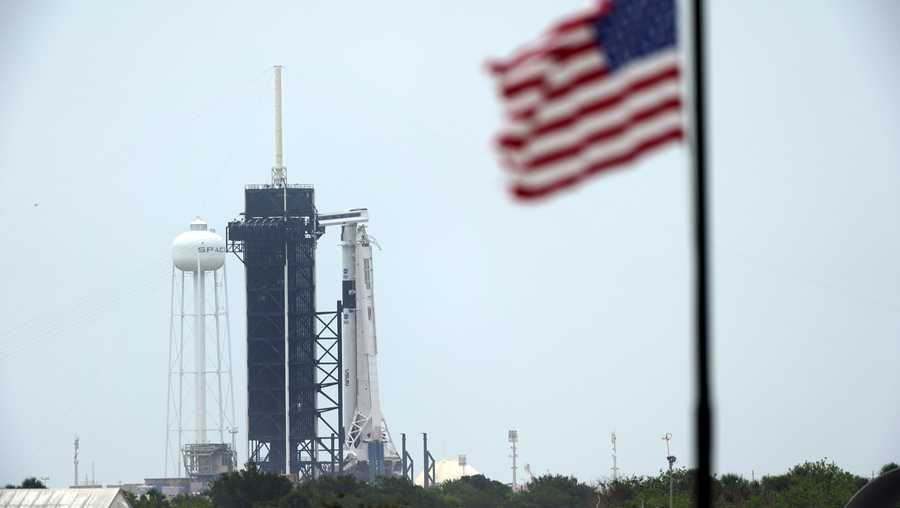 the spacex falcon 9, with the crew dragon spacecraft on top of the rocket, sits on launch pad 39 a, monday, may 25, 2020, at kennedy space center, fla two astronauts will fly on the spacex demo 2 mission to the international space station scheduled for launch on may 27