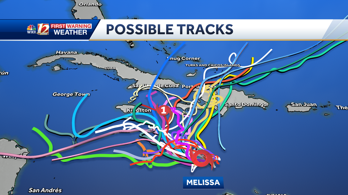 Tropical Storm Melissa is forecast to become a slow-moving Caribbean hurricane; track uncertain