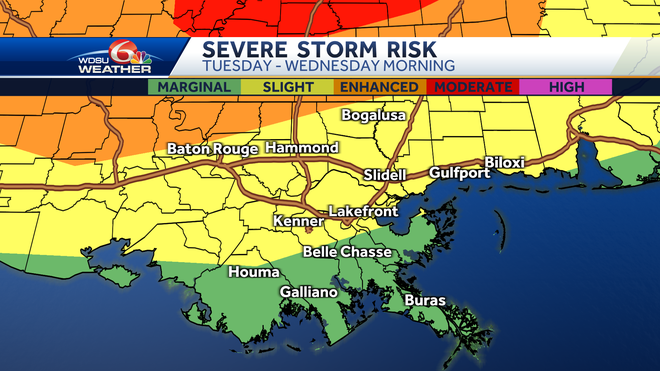 Severe storms possible in New Orleans through Wednesday morning