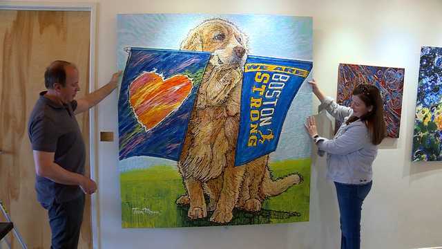 Portrait of Boston Marathon dog, Spencer, hanging in exhibit near starting line - Vimarsana News
