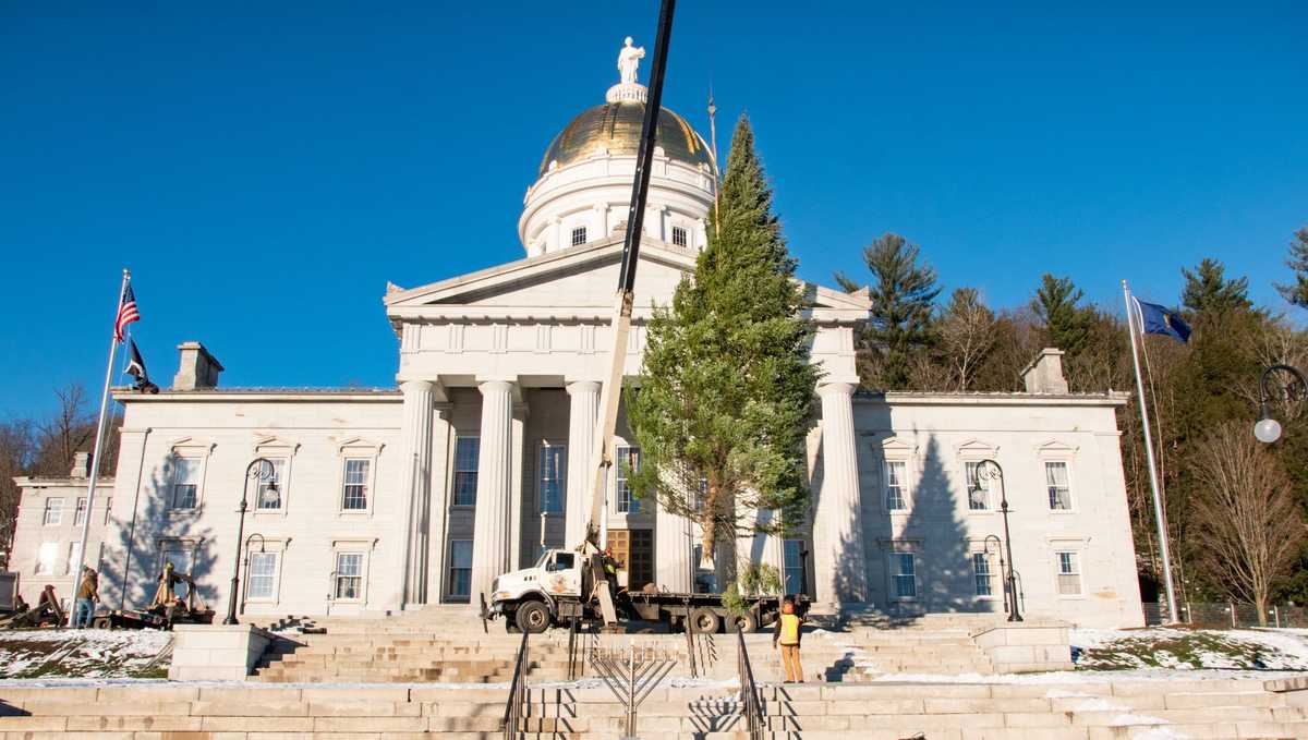 Crews erect 48foot Christmas tree at Vermont Capitol