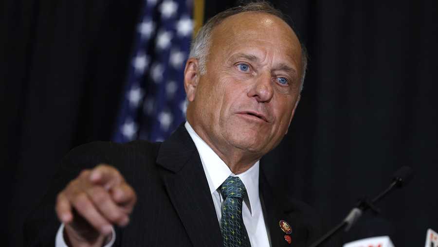 FILE - In this Aug. 23, 2019, file photo, Rep. Steve King, R-Iowa, speaks during a news conference in Des Moines, Iowa. King is on the outs with a significant bloc of his long-reliable conservative base, but not for almost two decades of incendiary utterances about abortion, immigrants and Islam. (AP Photo/Charlie Neibergall, File)
