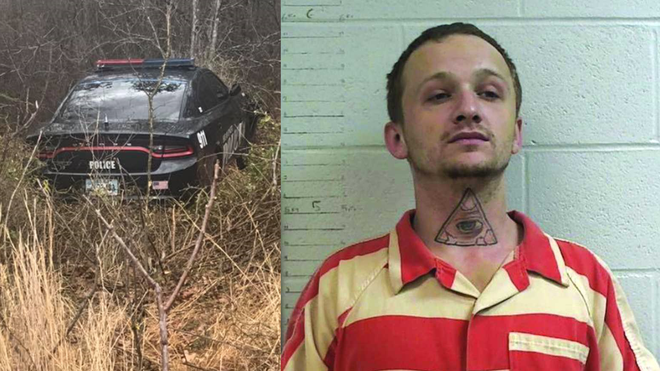 Stolen police car; mugshot of Travis Lee Davis Stolen police car; mugshot of Travis Lee Davis