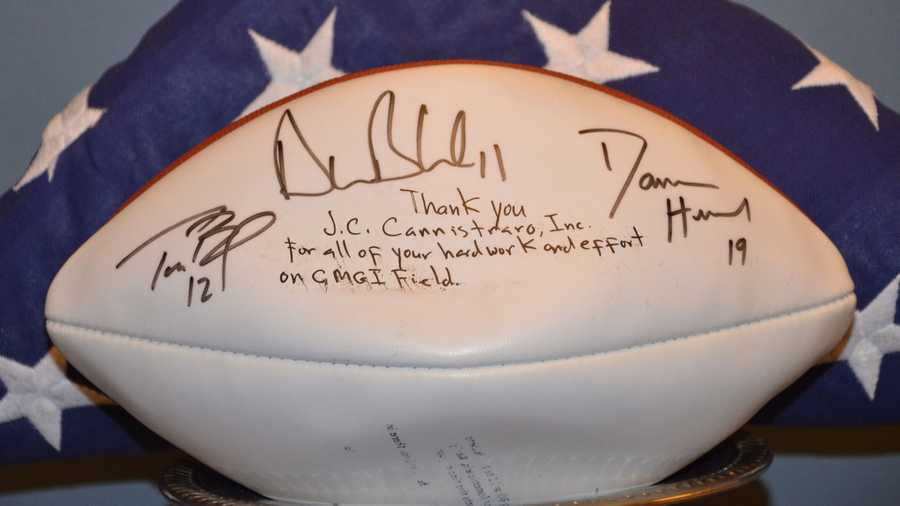 This football that was autographed by all three quarterbacks on the Super Bowl-winning 2001 New England Patriots — Tom Brady, Drew Bledsoe and Damon Huard — was stolen from J.C. Cannistraro, LLC — a mechanical construction company based in Watertown, Massachusetts — during a location move in December 2022. Police were able to recover the stolen football on Jan. 18, 2023.