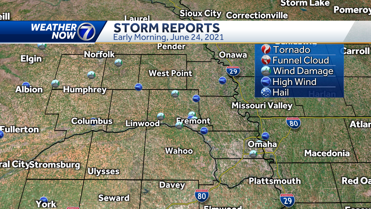 Early morning storms produce winds from 60 to 70 mph across eastern Nebraska