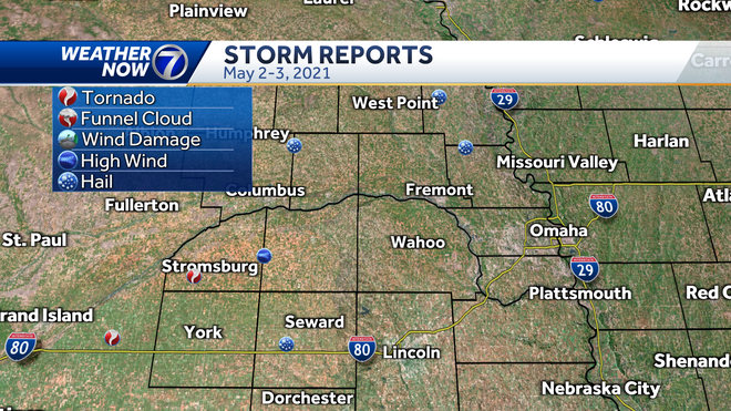 Two tornadoes, hail, heavy rain in Nebraska Sunday night