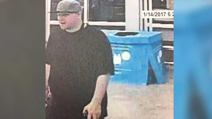 Surveillance photos from a Suisun City Walmart show a man suspected of breaking into a woman's vehicle, stealing her debit card and using it at the store, the Suisun City Police Department said.