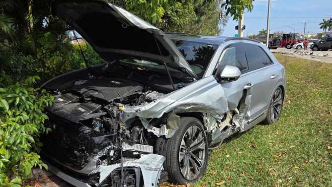 A vehicle sits off the roadway of Summerlin Road after a crash on Thursday, Feb. 19