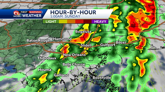 Predicted clouds and precipitation at 1 a.m. Sunday