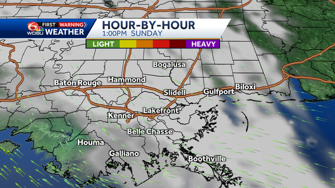 New Orleans weather forecast high Sunday rain chances Monday