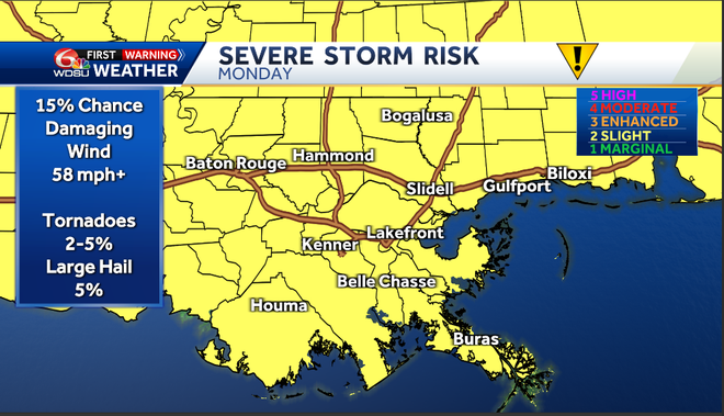 New Orleans Mild Saturday Evening, and Stormy Late Sunday