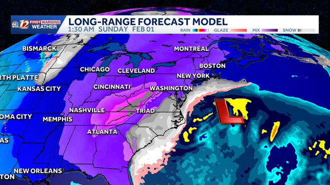 powerful surface lows and mid-level trough combines saturday and sunday to bring snow chances to the carolinas