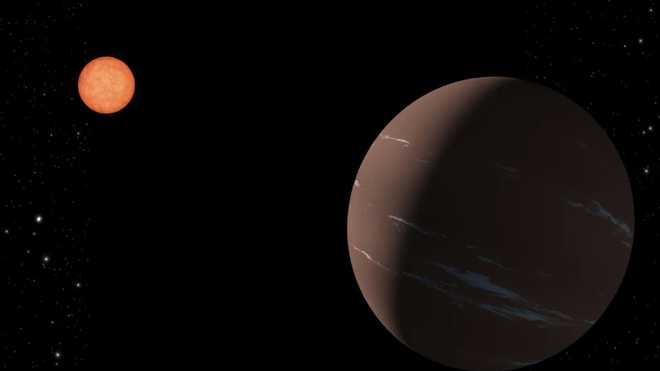 رسم توضيحي لأحد الفنانين يصور الكوكب الخارجي فائق الأرض TOI-715b على شكل x20، وهو يدور في المنطقة الصالحة للسكن حول نجم قزم أحمر.
