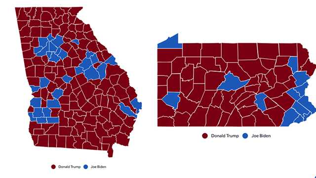 Map shows how counties in Georgia and Pennsylvania voted in the 2020 general election. President-elect Joe Biden won both of these states over President Donald Trump.
