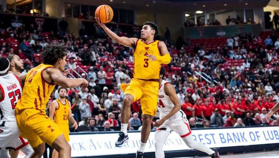 Guard Tamin Lipsey #3 of the Iowa State Cyclones shoots the ball during the first half of the college basketball game against the Texas Tech Red Raiders at United Supermarkets Arena on Jan. 30, 2023, in Lubbock, Texas.