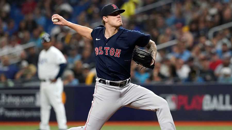 Boston Red Sox pitcher Tanner Houck throws to a Tampa Bay Rays batter during the second inning of Game 2 of a baseball American League Division Series, Friday, Oct. 8, 2021, in St. Petersburg, Fla. (AP Photo)
