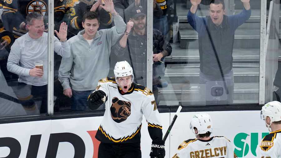 Boston Bruins left wing Taylor Hall (71) celebrates after his goal against the Tampa Bay Lightning during the first period of an NHL hockey game Tuesday, Nov. 29, 2022, in Boston.