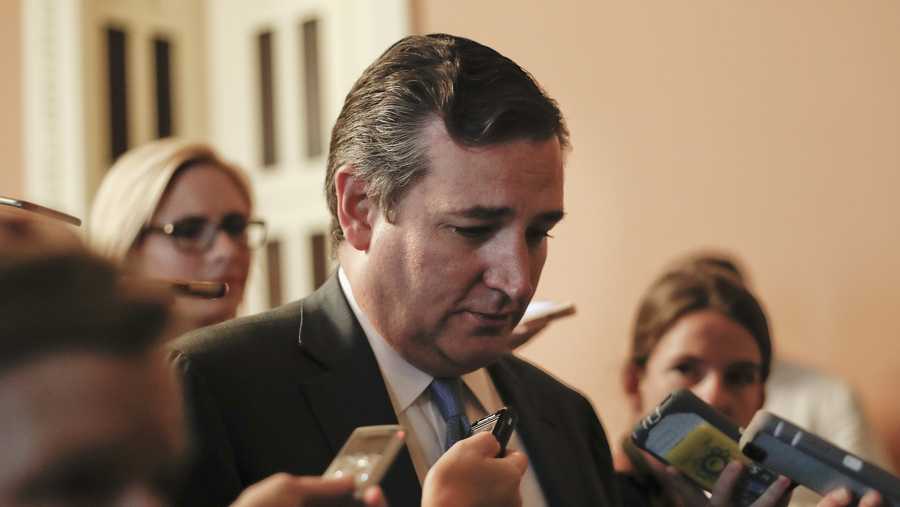 Sen. Ted Cruz, R-Texas is pursued by members of the media while walking the hallways on Capitol Hill in Washington Thursday, July 13, 2017.
