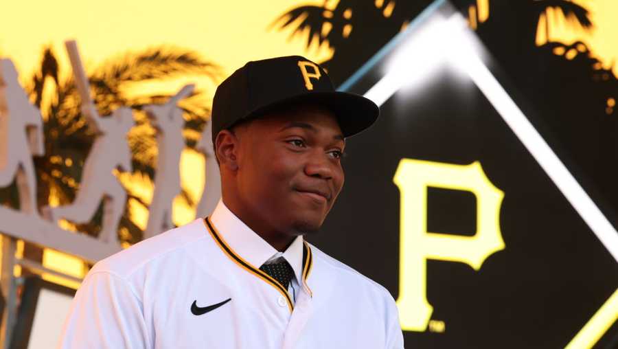 Termarr Johnson looks on after he was selected fourth overall by the Pittsburgh Pirates during the 2022 Major League Baseball Draft at L.A. Live on Sunday, July 17, 2022 in Los Angeles,