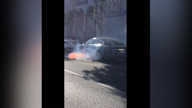 Actor says husband's Tesla car shot flames in traffic