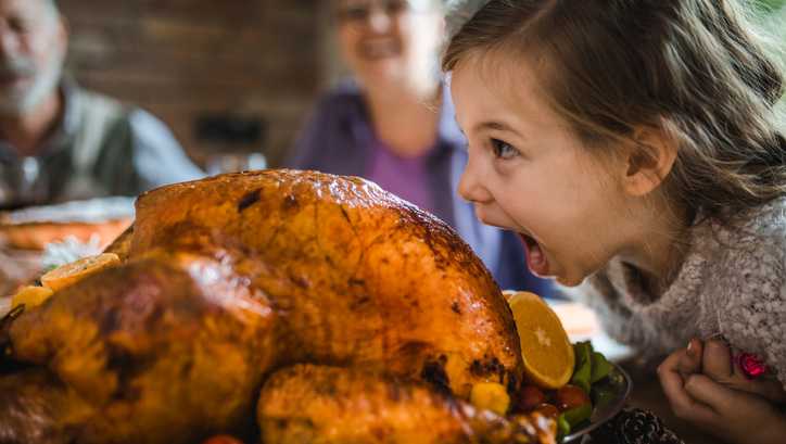 A little girl has fun, pretending to bite a stuffed turkey during Thanksgiving dinner in a dining room.