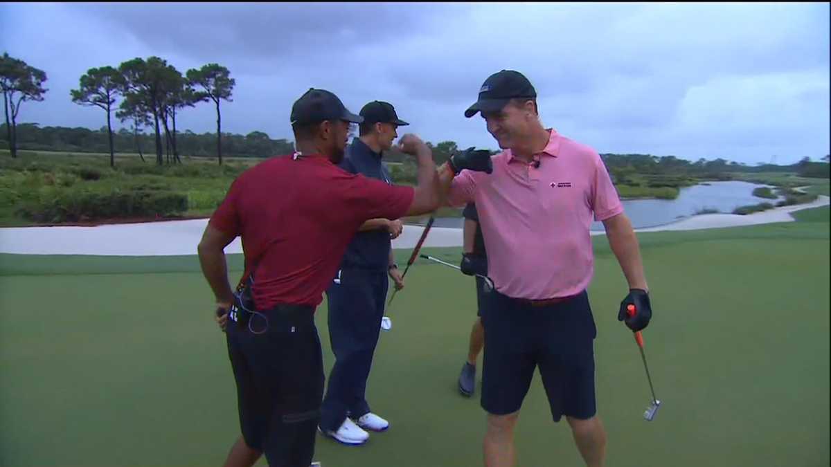 Tom Brady, Tiger Woods, Peyton Manning and Phil Mickelson golf