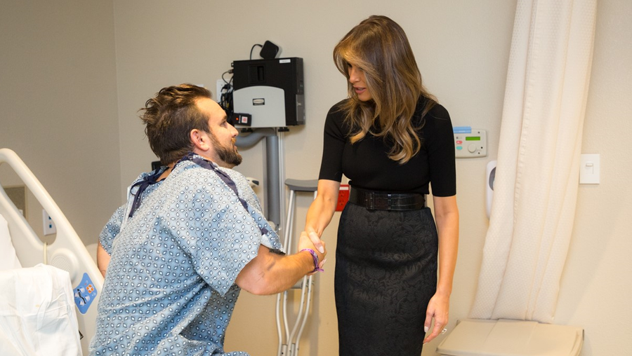 President Donald J. Trump and First Lady Melania Trump visit with patient Thomas Gunderson of Newport Beach, Calif., and members of his family, Wednesday, October 4, 2017, at the University Medical Center of Southern Nevada, who was injured in the mass shooting, Sunday, October 1, 2017, in Las Vegas, Nevada.