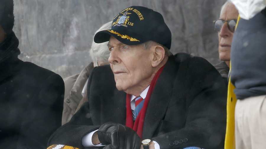 Korean War veteran Thomas Hudner looks on during the christening ceremony for the future USS Thomas Hudner, a U.S. Navy destroyer named in his honor, at Bath Iron Works .