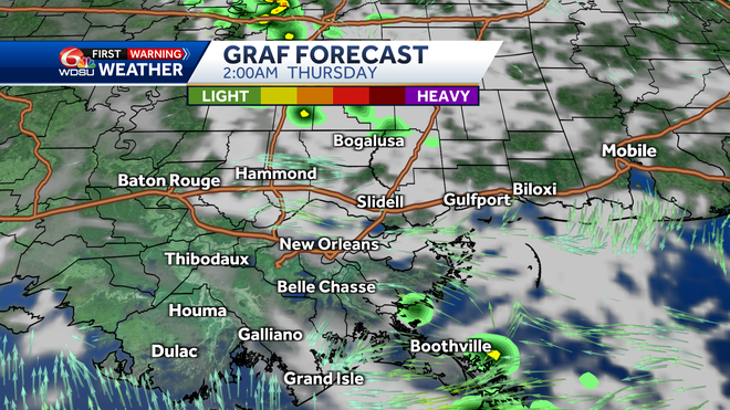 New Orleans weather forecast high temp heat index Wednesday rain