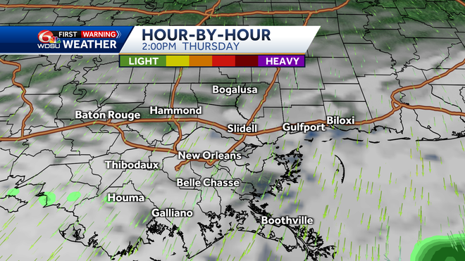 Clouds and precipitation are forecast for Thursday at 2 p.m