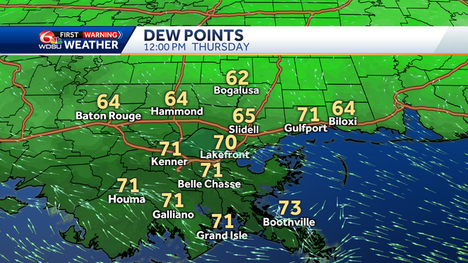 New Orleans weather forecast cold front humidity temp rain chance