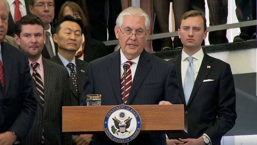 Rex Tillerson speaks to State Department employees for the first time as Secretary of State on Feb. 2, 2017.