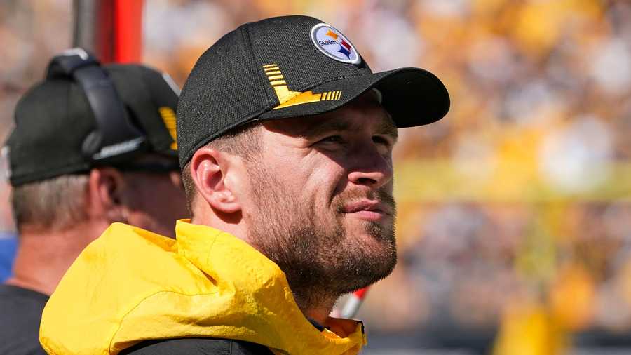 Pittsburgh Steelers outside linebacker T.J. Watt stands on the sidelines after being injured during the second half of an NFL football game against the Las Vegas Raiders, in Pittsburgh, Sunday, Sept. 19, 2021. (AP Photo/Keith Srakocic)