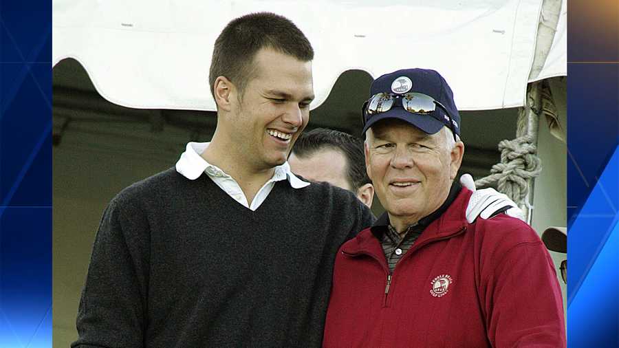 quarterback tom brady, left, hugs his father tom brady sr. on the first hole of the poppy hills course during the first round of the at&t pebble beach national pro-am golf tournament thursday, feb. 9, 2006.
