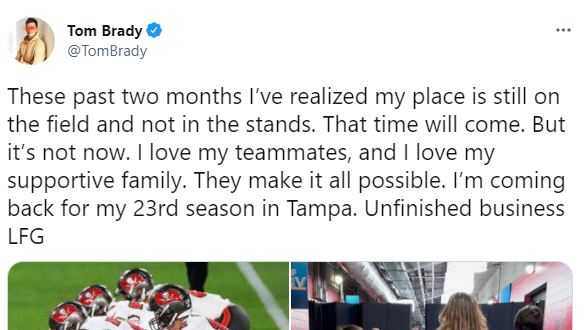 Tom Brady tweets he'll be back in the game next season