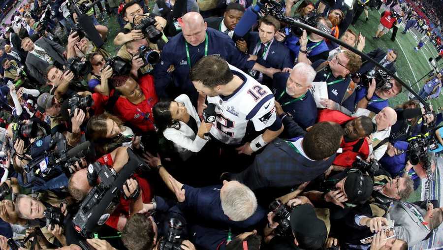 Tom Brady of the New England Patriots is interviewed after his teams 13-3 win over the Los Angeles Rams during Super Bowl LIII at Mercedes-Benz Stadium on February 03, 2019 in Atlanta, Georgia.