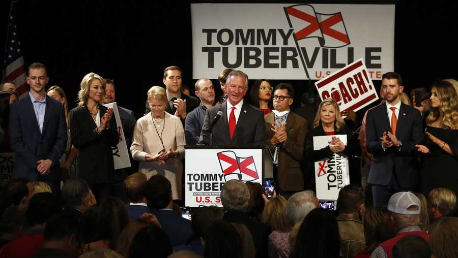 Republican Senator-elect Tommy Tuberville gives his victory speech to supporters at his watch party at the Renaissance Hotel on Tuesday, Nov. 3, 2020, in Montgomery, Ala. (AP Photo/Butch Dill)