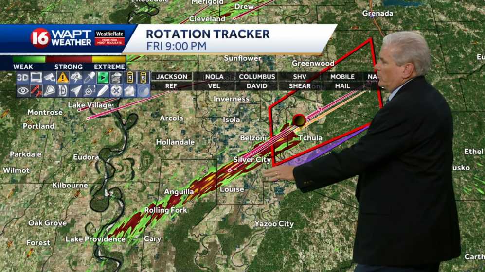 Video 16 WAPT Chief Meteorologist shows the track of the tornado that