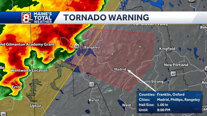 Tornado warning issued for portions of western Maine