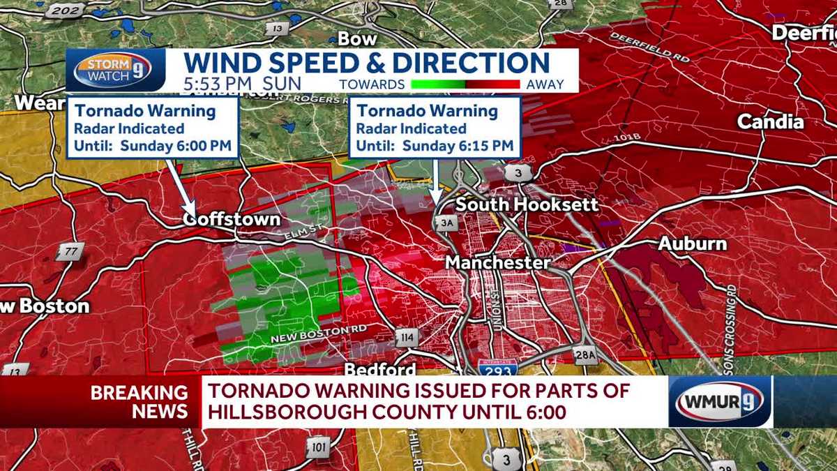Tornado warning for parts of Manchester, New Hampshire