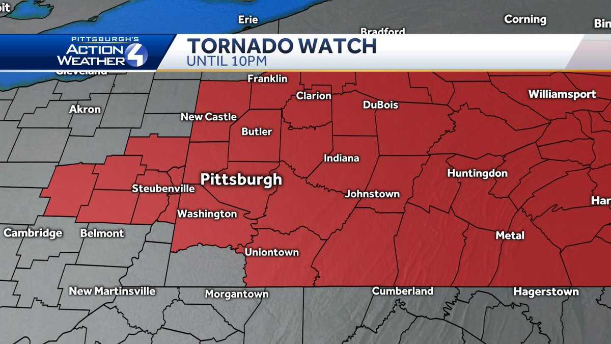 Tornado Watch in effect for most of the Western Pa. area until 10 p.m