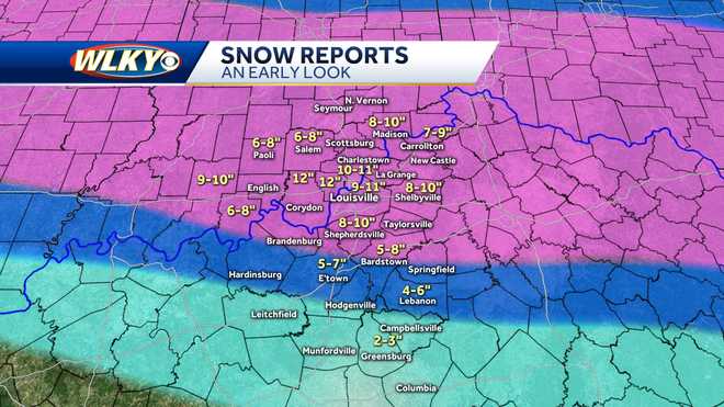 Snow depths in Louisville and the surrounding region