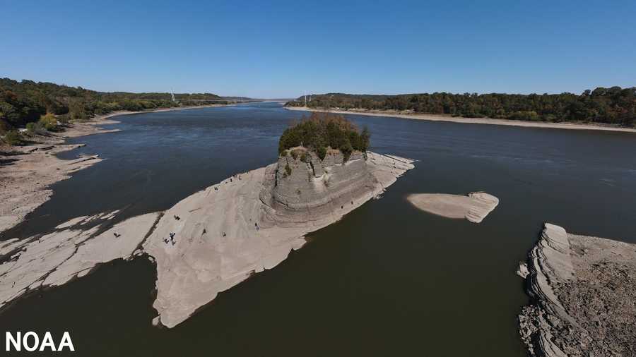 Aerial photo from October 2022 of low river levels around Tower Rock on the Mississippi River at Grand Tower, Illinois. (Reece Streufert/NOAA NWS Paducah)