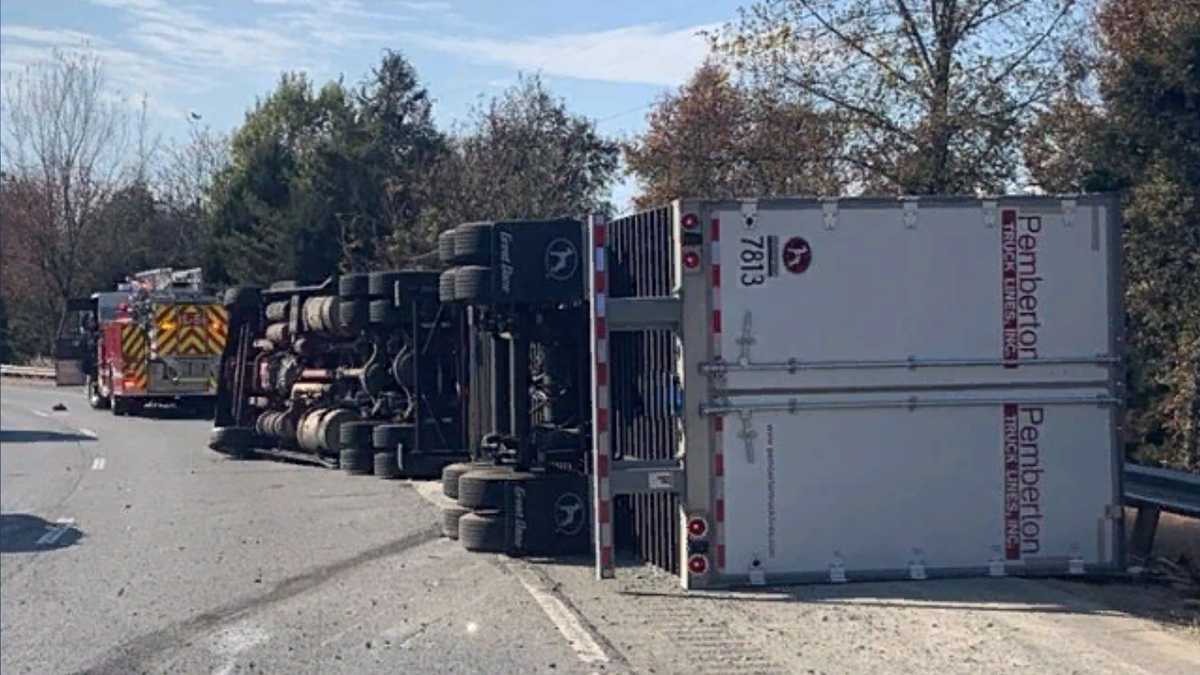 A truck loaded with bricks overturns on I-40 in Winston-Salem