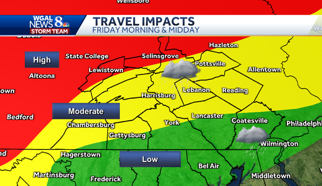 Graphic&#x20;showing&#x20;travel&#x20;impacts&#x20;on&#x20;Friday&#x20;morning&#x20;and&#x20;midday.