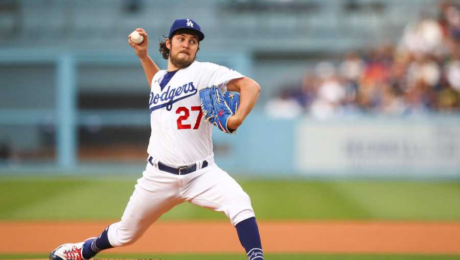 Trevor Bauer of the Los Angeles Dodgers throws the first pitch in the first inning against the San Francisco Giants at Dodger Stadium on June 28, 2021 in Los Angeles, California.