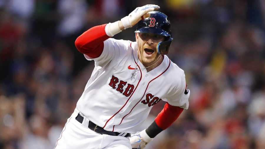 Boston Red Sox&apos;s Trevor Story looks to the dugout after hitting a grand slam against the Seattle Mariners during the third inning of a baseball game Friday, May 20, 2022, in Boston. (AP Photo/Michael Dwyer)