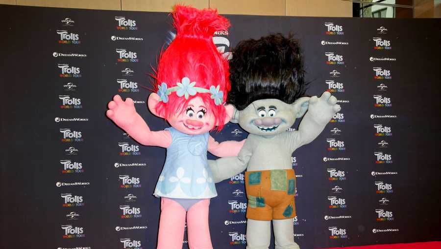 Trolls figures attend the photo call for "Trolls World Tour" at Waldorf Astoria on February 17, 2020 in Berlin, Germany.
