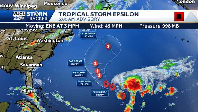 Tracking TS Epsilon, and rain chances returning here.